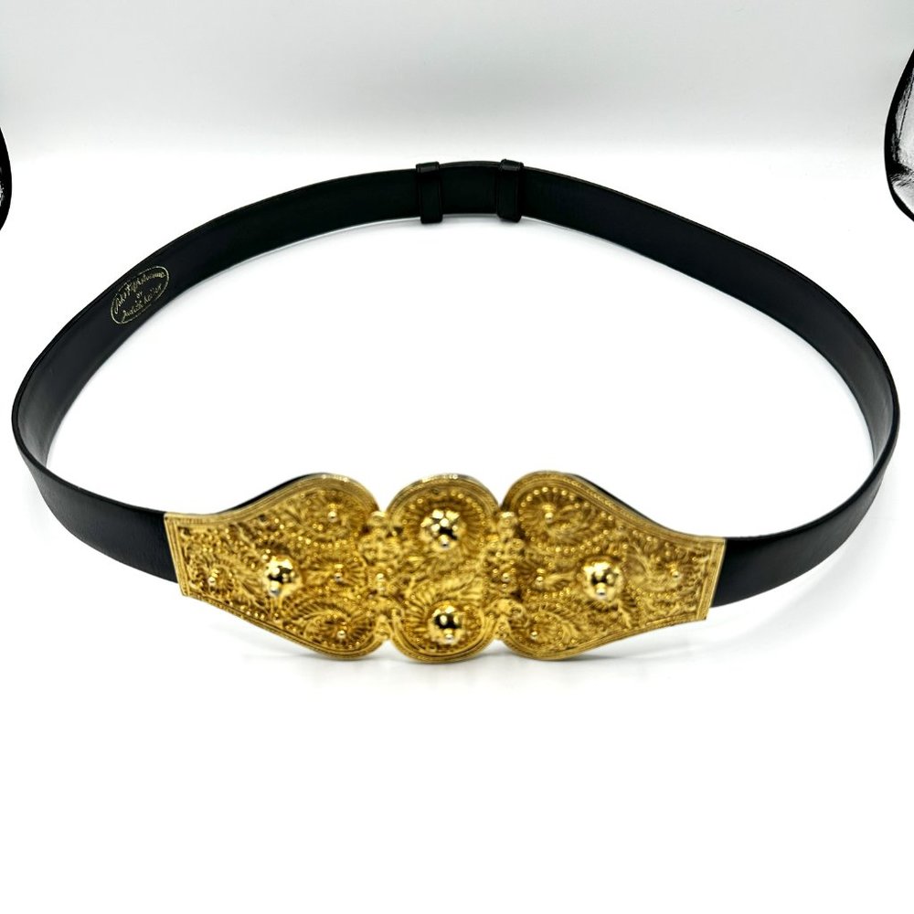 Judith Leiber Black Leather Belt w Gold Tone Belt Buckle - Adjustable to 38"